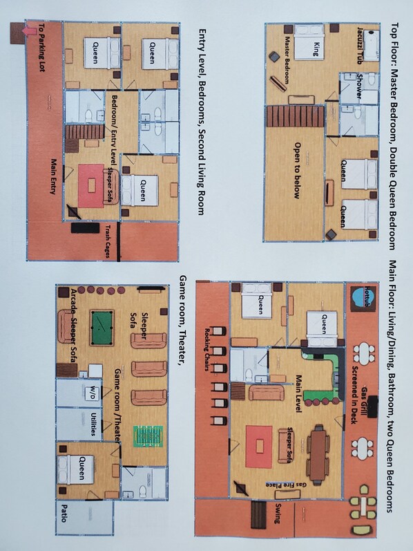Distribución de un hotel con varios pisos, incluyendo un piso superior con dormitorio principal, sala de estar/comedor y baño. La planta baja tiene dormitorios, una segunda sala de estar y un área de basura. La sala de juegos y el cine están en la planta inferior.
