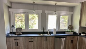 A modern kitchen with wooden cabinets, a stainless steel dishwasher, and a large window with a view of trees.