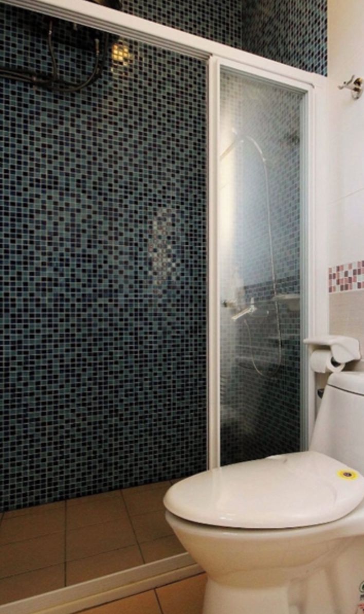 A bathroom with a toilet, a shower enclosure, and a tiled wall.