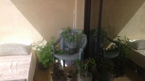 Une pièce comprenant un lit, une chaise et plusieurs plantes en pot.