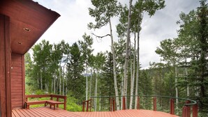 Une terrasse en bois avec un banc, entourée de grands arbres et bordée par une forêt.