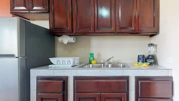 KĂŒhlschrank, Mikrowelle, Herdplatte, Wasserkocher mit Kaffee-/Teezubehör