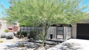 Ein modernes Gebäude mit Garage, einem Baum im Vorgarten und verschiedenen Wüstenpflanzen.