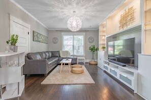 Smart TV, fireplace, books