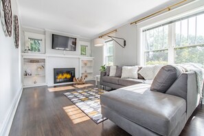 Smart TV, fireplace, books