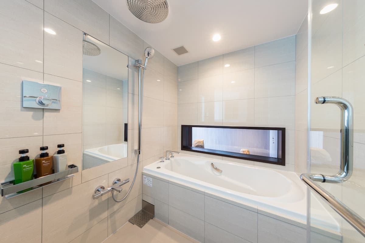 separate bathtub and shower, free toiletries, hair dryer, slippers