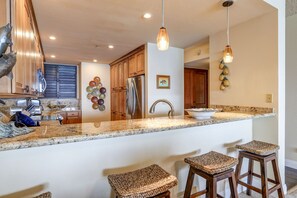 Fridge, microwave, oven, stovetop - Beachfront 5th-floor condo with ocean view (Lahaina)