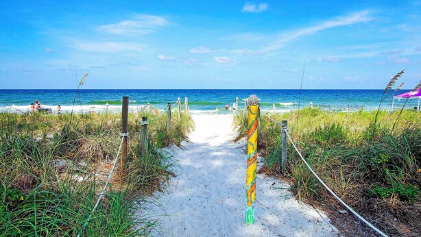 A sandy beach path leading to the ocean with a rope barrier and a colorful pole.