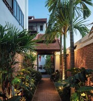 A narrow pathway flanked by lush greenery and a brick wall, leading to a building with a tiled roof.