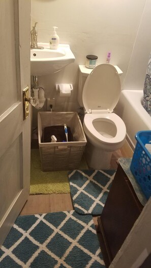 Combined shower/tub, hair dryer, towels, soap