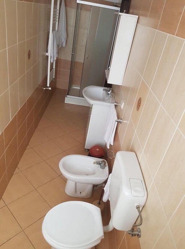 A bathroom with a toilet, bidet, and shower stall. - Hotel Etrusco (Gherla)