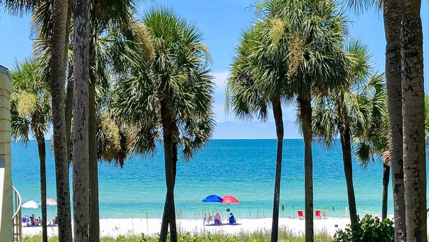 A beach with palm trees, umbrellas, and a clear view of the ocean. - Aldea A8 Beachfront 2 Bedroom 2 Bath - Tranquil Belleair Beach (Belleair Beach)
