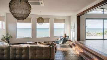 Smart TV, fireplace, books, stereo