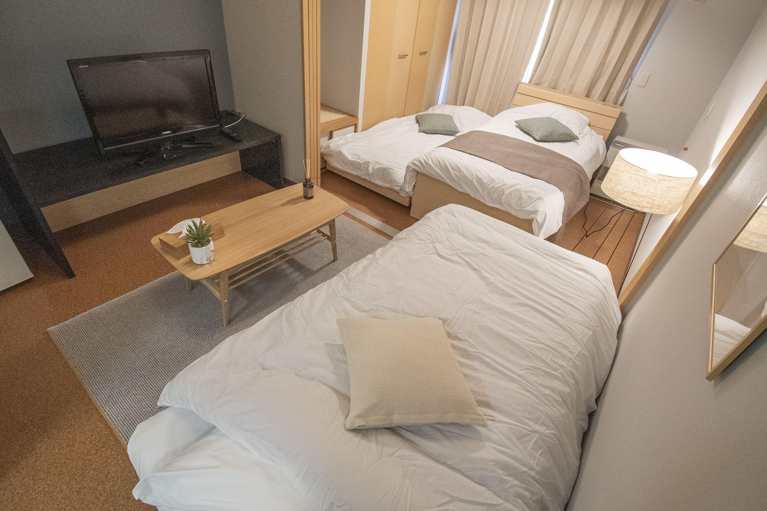 A hotel room with two beds, a TV, a small table with a plant, and a lamp.