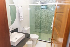 Hair dryer, towels, soap, toilet paper