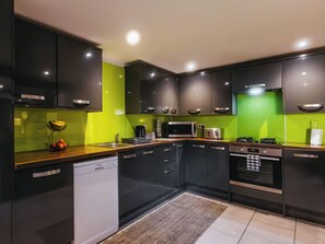 Dishwasher, high chair, cookware/dishes/utensils