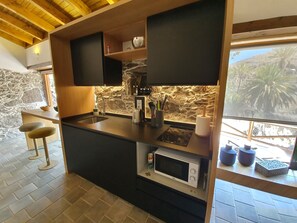 Refrigerador con freezer, microondas, placa de cocina, cafetera/tetera