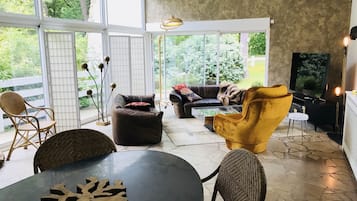 Télévision, cheminée, livres, chaßne hi-fi