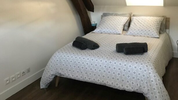 A bedroom with a sloped ceiling, a bed with patterned bedding, and a small window. - The Vieux Fossés duplex (Romorantin-Lanthenay)