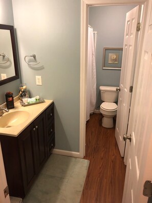 Hair dryer, towels, soap, shampoo