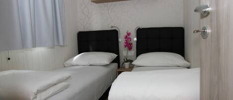 A room with two single beds, a wooden shelf above, a small bedside table with a plant, and a wall-mounted light fixture.