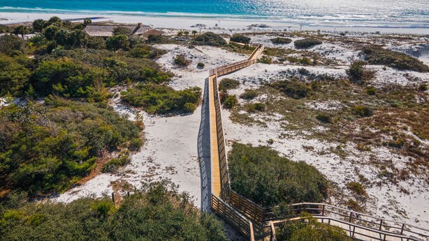 Une promenade en bord de mer menant à une plage, avec une clôture en bois et de la végétation.
