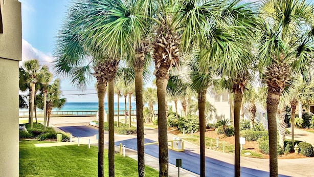 A view of a street lined with tall palm trees and a clear blue sky.