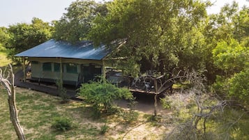 A small, single-story structure with a corrugated metal roof, surrounded by dense greenery and trees.