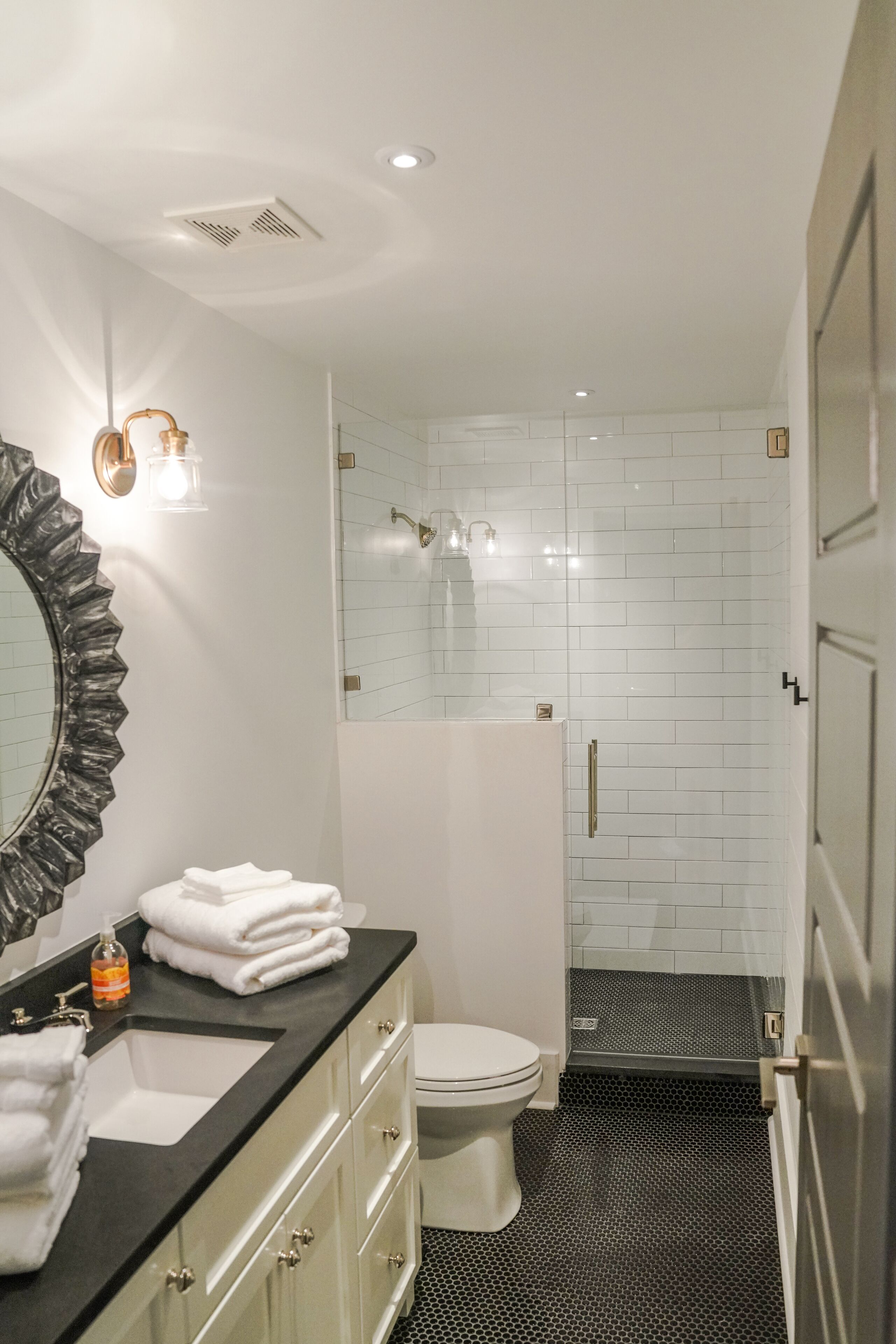 Hair dryer, towels, soap, shampoo