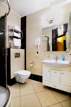 Een douche, een hydromassagedouche, een haardroger, handdoeken