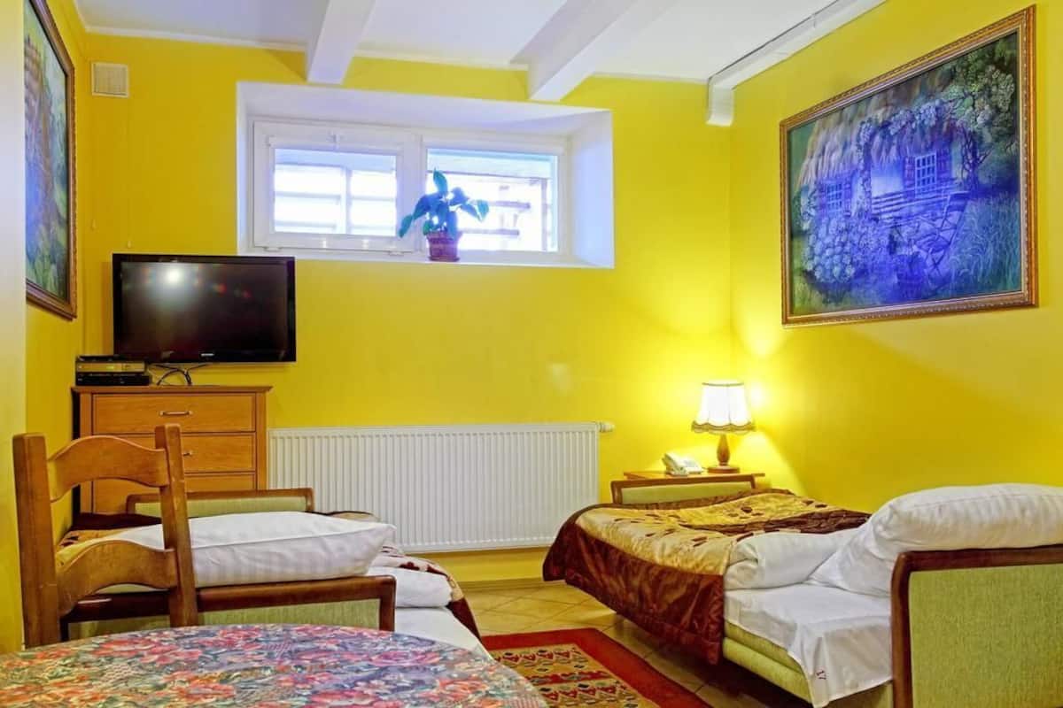 A room with two beds, a television, a window with a plant, and a painting on the wall.