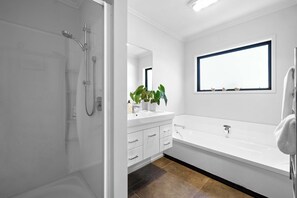 Shower, hair dryer, soap