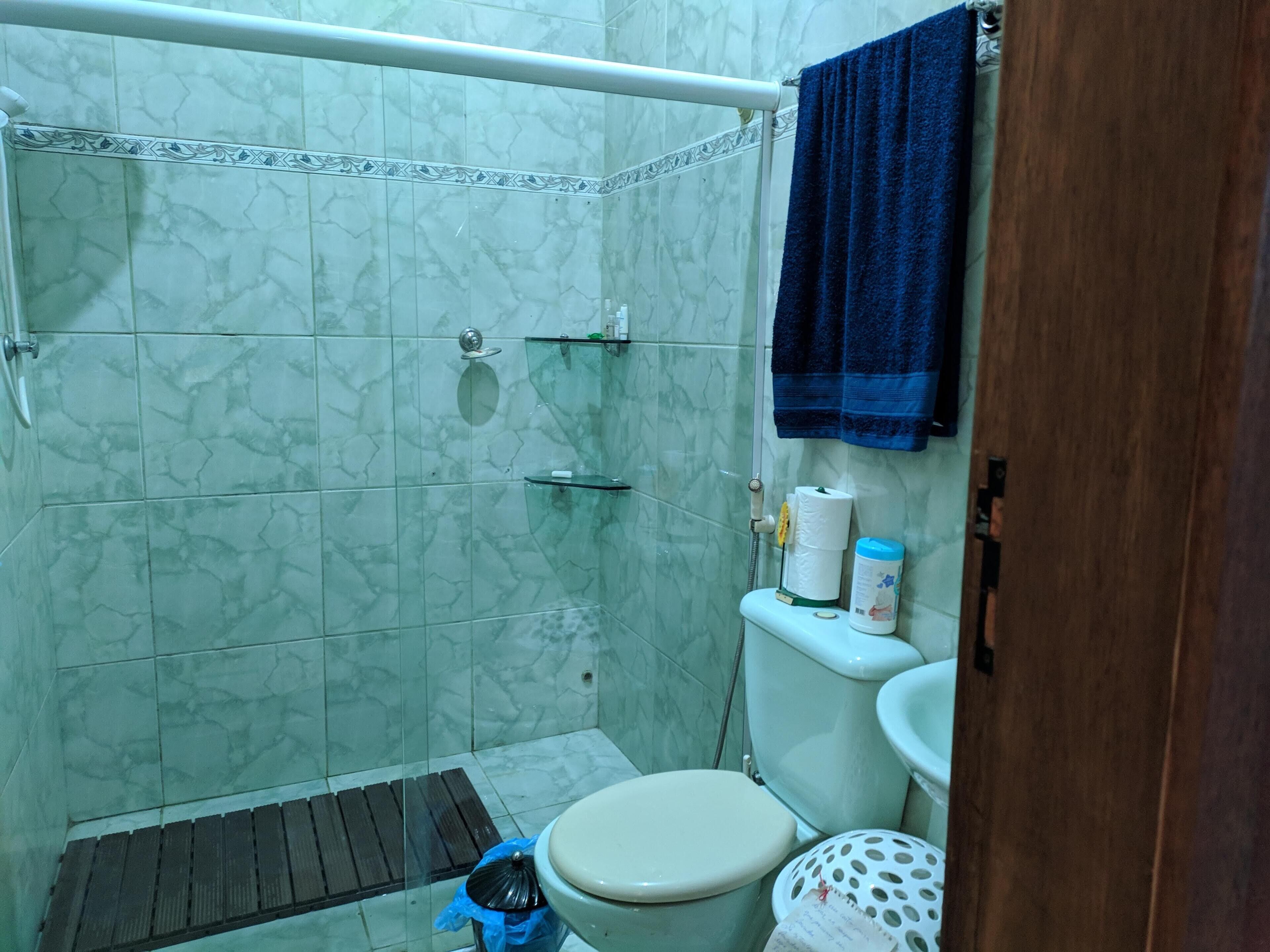 Une salle de bain avec douche, toilettes et lavabo.