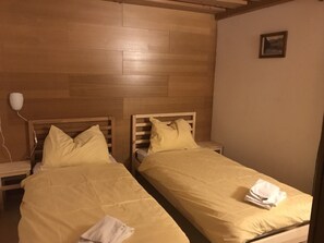 A hotel room with two single beds, wooden headboards, and a small bedside table with a lamp. - Landhaus Alexa (Eben im Pongau)
