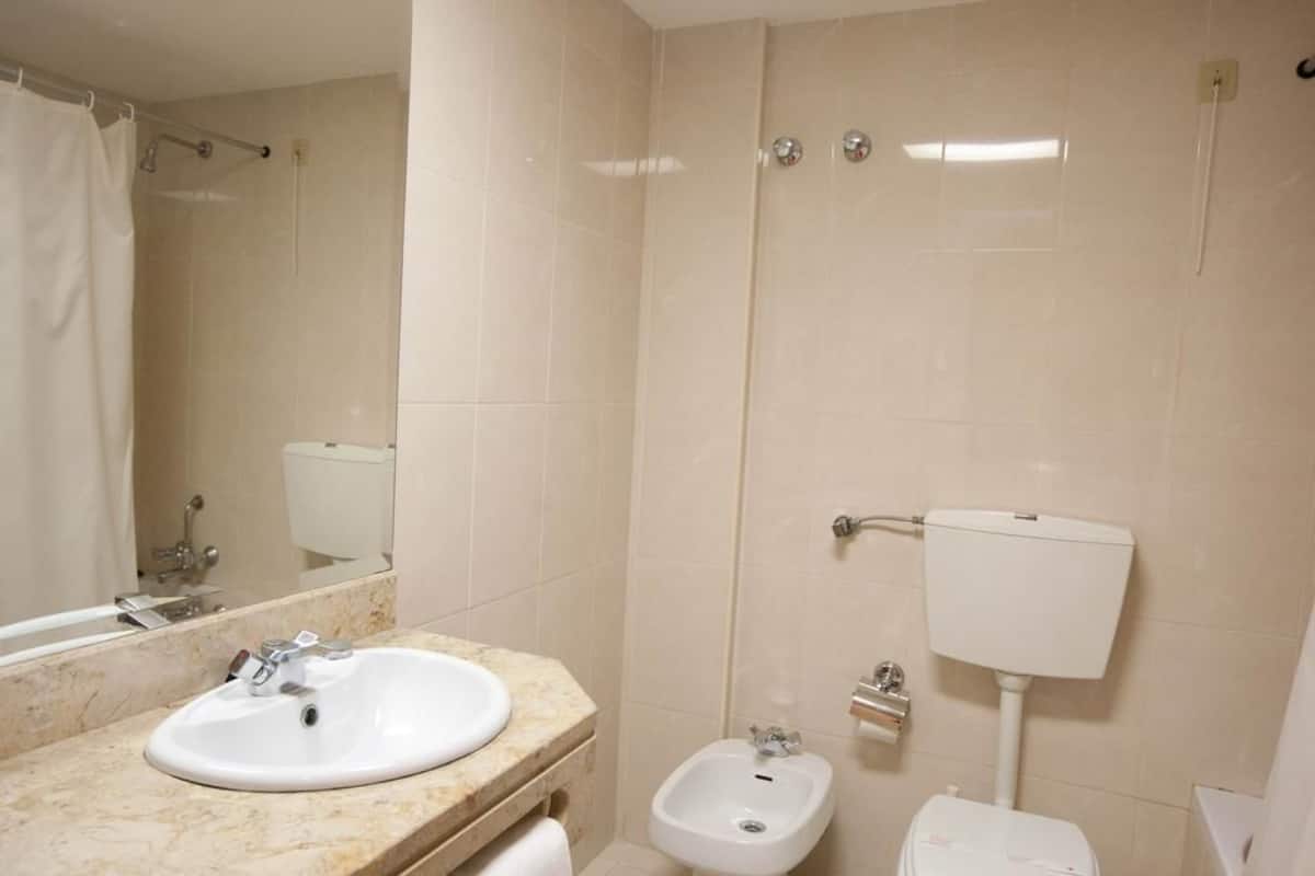 bathtub, hair dryer, bidet, towels