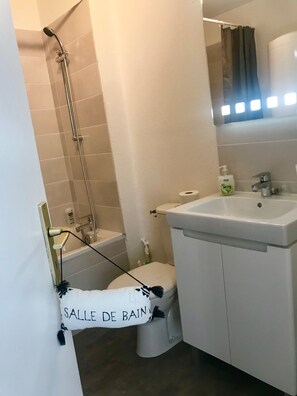 Hair dryer, towels, soap, toilet paper