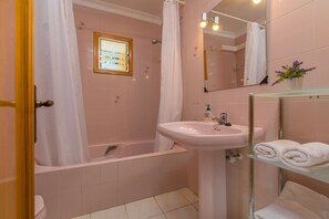 Bathtub, hair dryer, towels, toilet paper