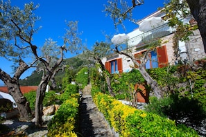A stone pathway leading to a building with red shutters and a white umbrella. - AMORE RENTALS - Villa Marina with Private Pool, Sea View, Terraces and Parking (Massa Lubrense)