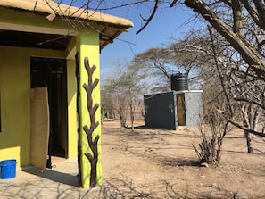 Slippers, towels, soap, toilet paper