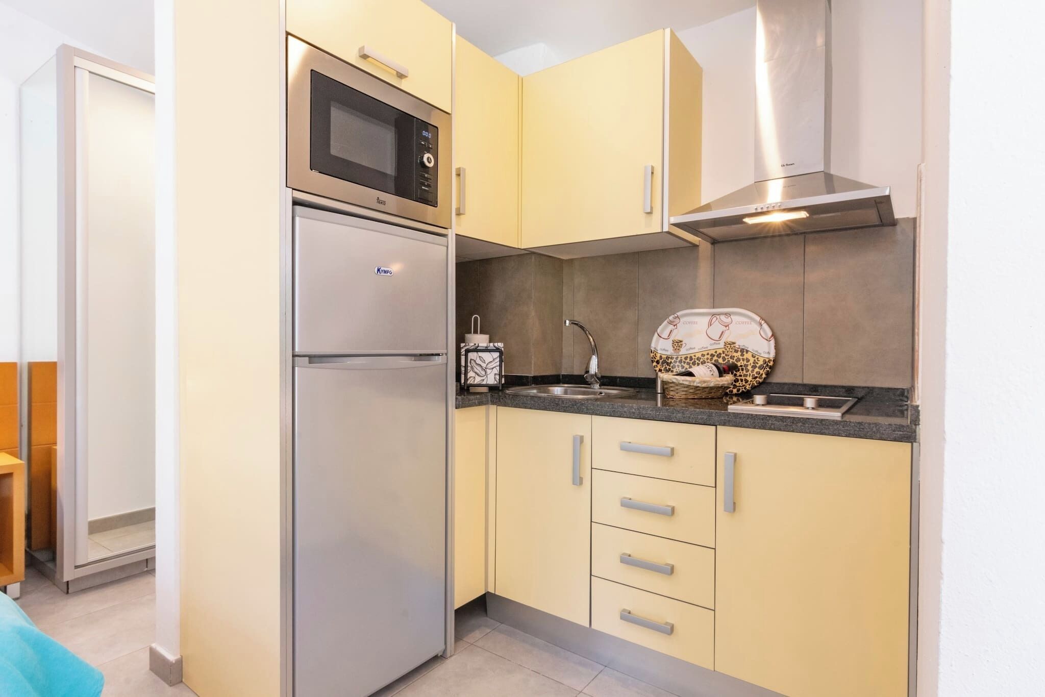 Fridge, microwave, coffee/tea maker, electric kettle