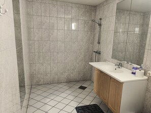 Habitación familiar | Baño | Regadera, secadora de cabello, toallas, papel de baño 
