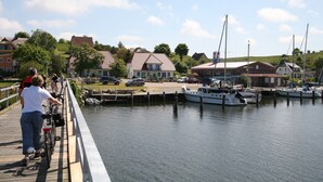 Un muelle de madera con una bicicleta, barcos amarrados en un puerto deportivo y casas al fondo.