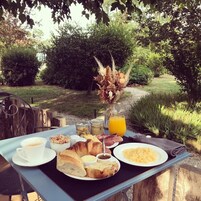 Una mesa de desayuno con cruasanes, huevos revueltos y jugo de naranja en un jardín.
