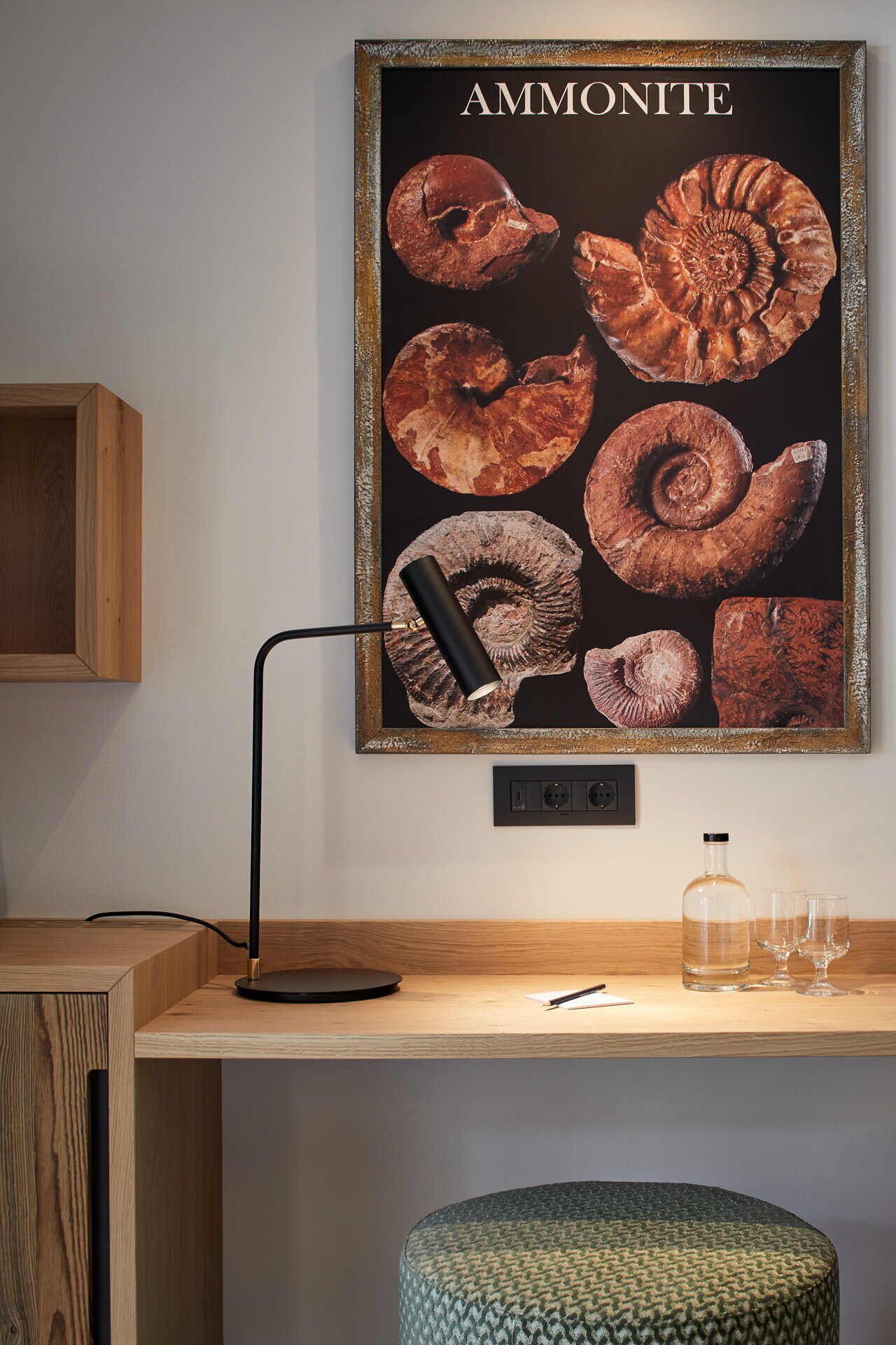 Ein Schreibtisch mit einem Poster von Ammonitenfossilien, einer Lampe, einer Brille und einer Flasche.