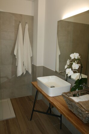 A modern bathroom with a rectangular white sink, wooden vanity, two white towels hanging on a wall-mounted rack, and a large mirror reflecting the space. - Civico 1A1 (Santa Maria di Sala)