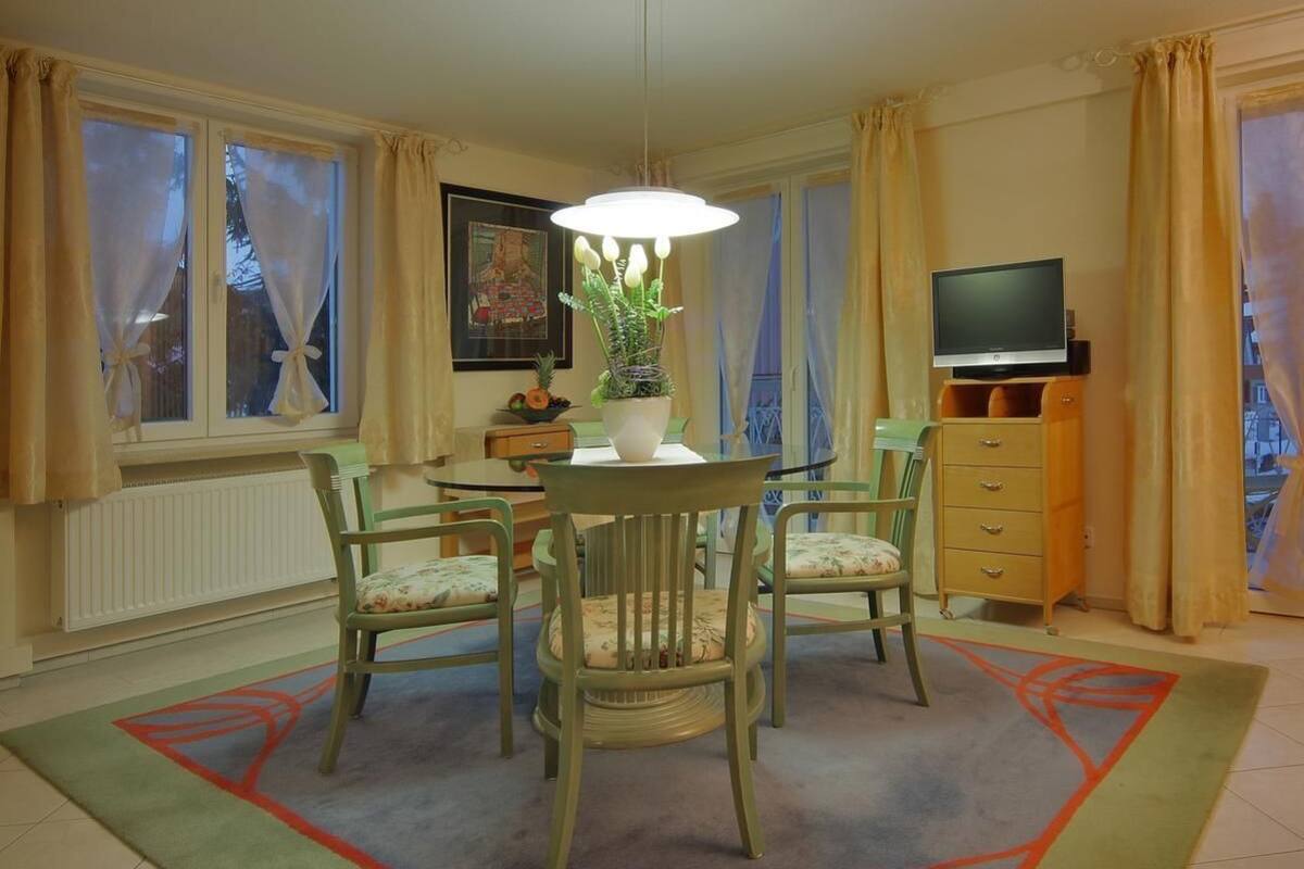 Un coin repas comprenant une table, des chaises, une plante en pot, un téléviseur et un radiateur.