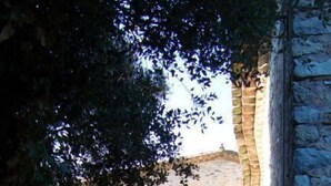 Un estrecho sendero de piedra que conduce a un edificio con ventanas de arco y una pared de piedra.