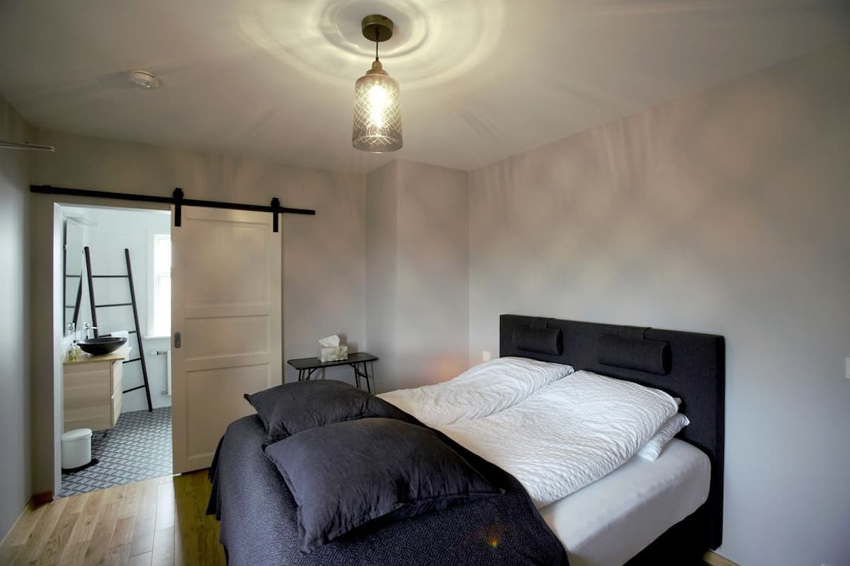 A bedroom with a bed, a bedside table, a hanging light fixture, a wardrobe, and a door leading to a bathroom.