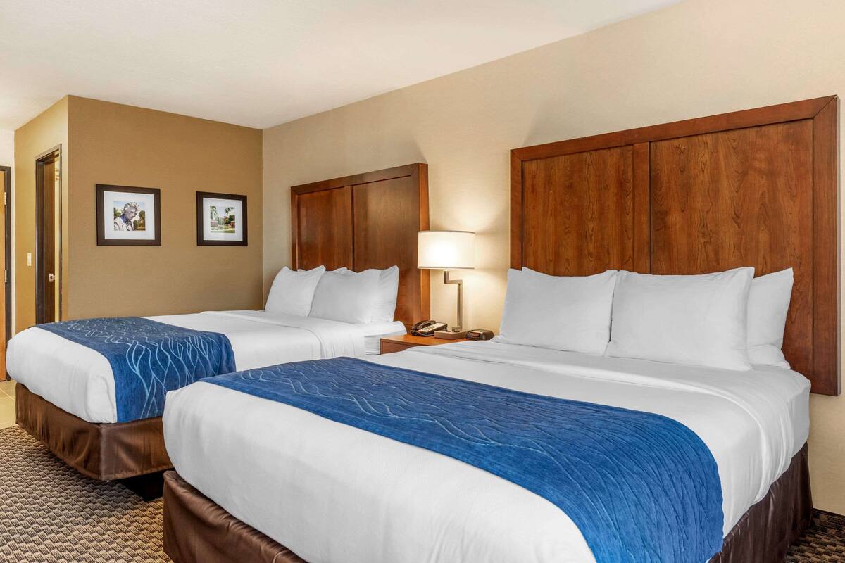 A hotel room with two beds, a wooden headboard, a bedside lamp, and framed pictures on the wall.