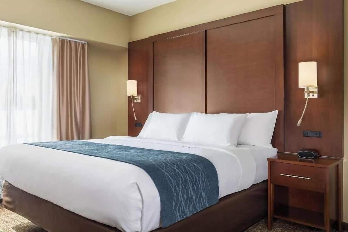 A hotel room with a large bed, two bedside lamps, a nightstand, and a window with curtains.